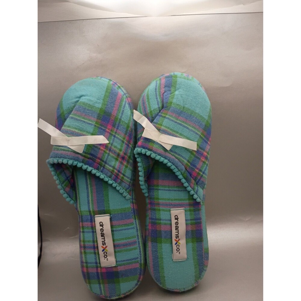 Dreams & Co. Flannel Slippers in a Blue plaid pattern.